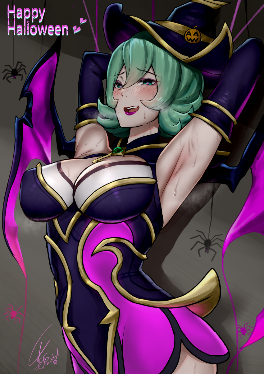 absurdres armpits bewitching_elise black_dress black_hat black_sleeves blush breasts brown_background bug detached_sleeves dress elise_(league_of_legends) female green_hair halloween hat highres large_breasts league_of_legends pink_dress pink_wings short_hair signature smile solo spider sweat two-tone_dress two-tone_headwear two-tone_wings upper_body wei_miao wings witch_hat