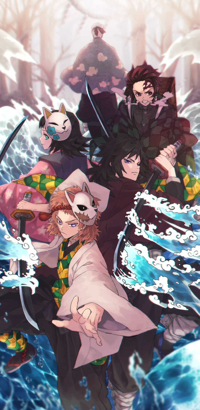 4boys absurdres black_hair black_pants blue_eyes blush box breath buttons clenched_teeth closed_mouth commentary_request demon_slayer_uniform earrings expressionless facing_away female fingernails floral_print fox_mask haori highres holding holding_sword holding_weapon japanese_clothes jewelry kamado_tanjirou katana kimetsu_no_yaiba kimono looking_at_viewer looking_to_the_side makomo_(kimetsu) mask mask_on_head multiple_boys pants patterned_clothing piku_momo pink_hair pink_kimono print_kimono purple_eyes red_eyes red_hair sabito_(kimetsu) sandals scar scar_on_face scar_on_forehead serious smile splashing sword teeth tomioka_giyuu tree urokodaki_sakonji water weapon