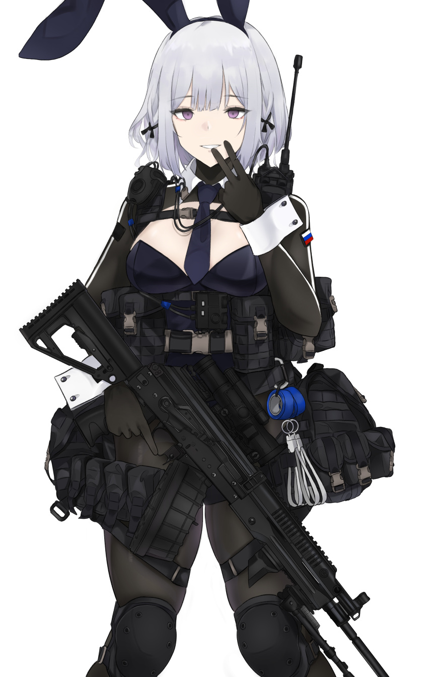 absurdres animal_ears black_legwear blue_leotard blue_necktie breasts detached_collar fake_animal_ears female fte_(fifteen_199) girls'_frontline grey_hair gun highleg highleg_leotard highres knee_pads leotard light_machine_gun medium_breasts medium_hair necktie pantyhose playboy_bunny purple_eyes rabbit_ears rpk-16 rpk-16_(girls'_frontline) russian_flag shrug_(clothing) smersh tactical_playboy_bunny trigger_discipline v weapon wrist_cuffs