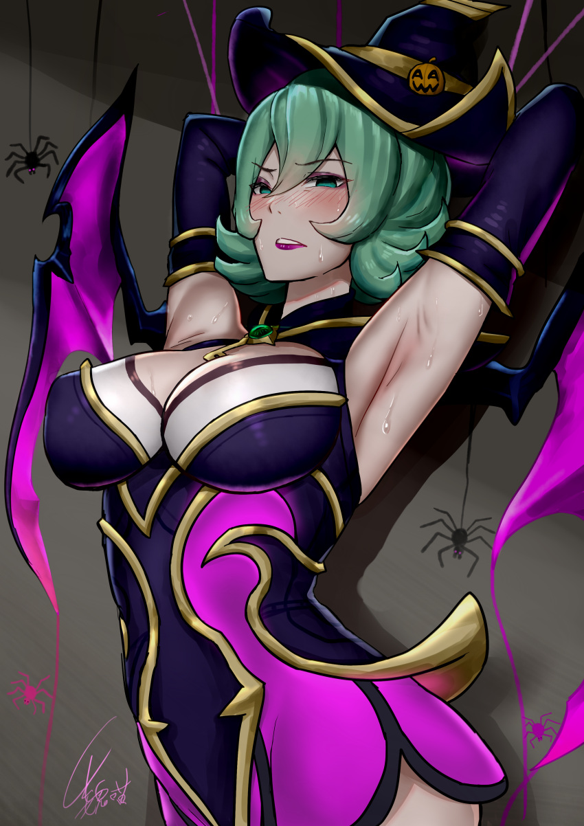 absurdres armpits bewitching_elise black_dress black_hat black_sleeves blush breasts brown_background bug detached_sleeves dress elise_(league_of_legends) female green_hair halloween hat highres large_breasts league_of_legends pink_dress pink_wings short_hair signature smile solo spider sweat two-tone_dress two-tone_headwear two-tone_wings upper_body wei_miao wings witch_hat