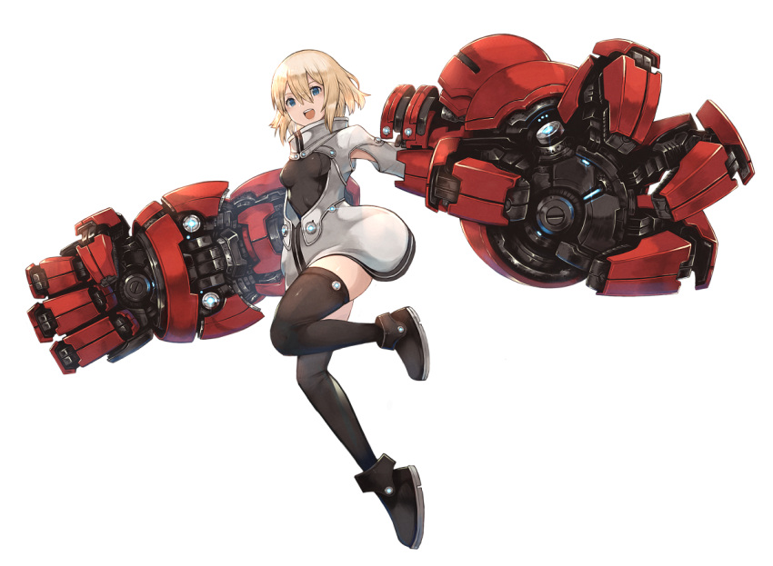 :d blackball blonde_hair blue_eyes commentary female full_body mecha_musume mechanical_arms medium_hair open_mouth original science_fiction smile solo thighhighs white_background