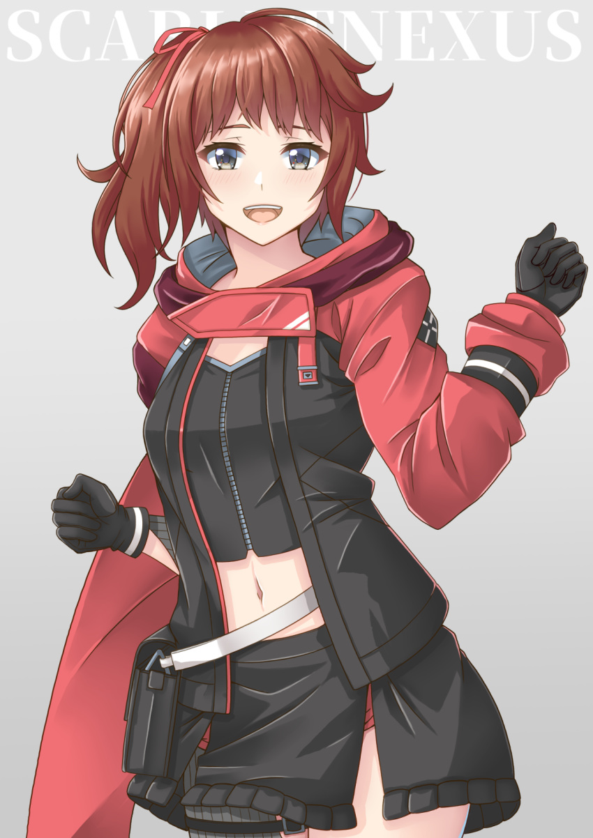 black_gloves black_jacket black_shirt black_skirt blush brown_hair crop_top female gloves hair_between_eyes half-closed_eyes hanabi_ichijou highres jacket long_sleeves looking_at_viewer midriff navel open_clothes open_jacket open_mouth pouch red_jacket red_ribbon red_shorts ribbon sano_souichi scarlet_nexus shirt short_ponytail shorts skirt smile solo uniform