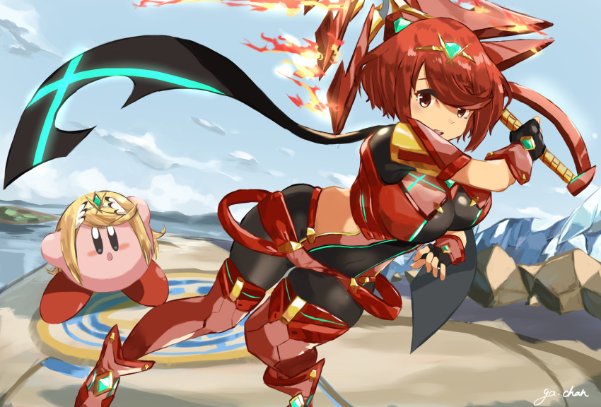 aegis_sword_(xenoblade) backless_outfit black_gloves bob_cut boots breasts chest_jewel clothing_cutout copy_ability cosplay earrings female fingerless_gloves front-seamed_legwear ga-chan24 gloves highres impossible_clothes jewelry kirby kirby_(series) large_breasts mythra_(xenoblade) mythra_(xenoblade)_(cosplay) pantyhose pantyhose_under_shorts pyra_(xenoblade) red_eyes red_hair red_legwear red_shorts seamed_legwear short_hair short_shorts short_sleeves shorts skindentation super_smash_bros. swept_bangs sword thigh_boots thighhighs thighhighs_over_pantyhose tiara weapon xenoblade_chronicles_(series) xenoblade_chronicles_2