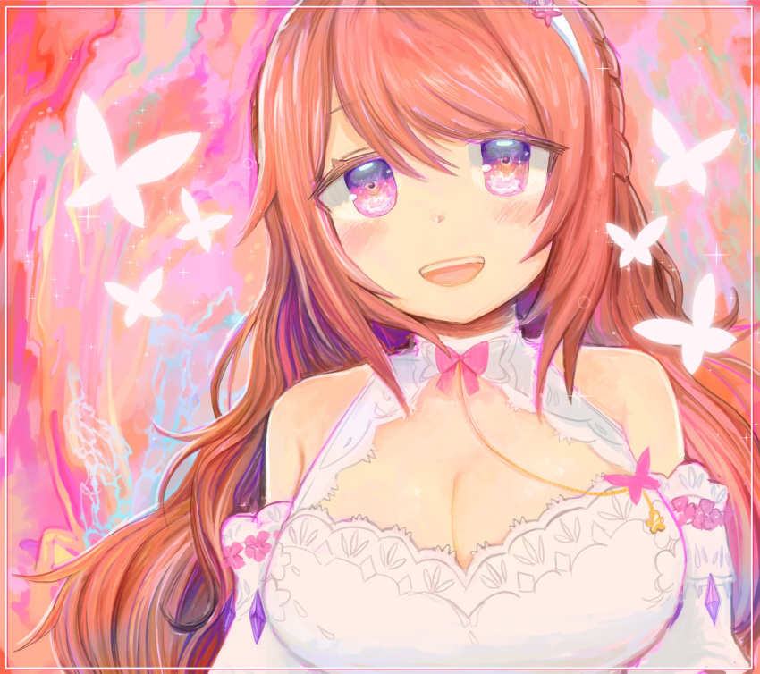 alice_sawyer_(artist) blush breasts brown_hair bug butterfly cleavage detached_sleeves dress english_commentary eyebrows_hidden_by_hair female highres indie_virtual_youtuber large_breasts long_hair nina_saotome nina_saotome_(2nd_costume) purple_eyes smile solo virtual_youtuber white_butterfly white_dress