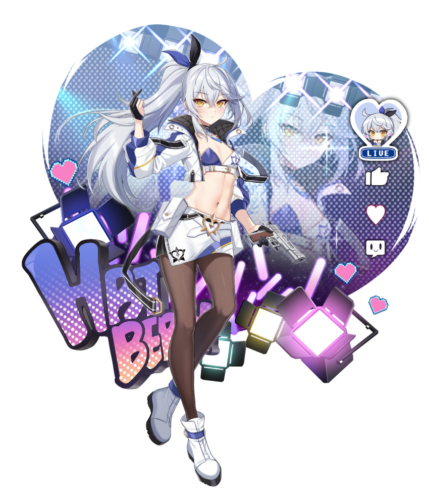 belt belt_pouch black_choker black_gloves breasts chest_belt choker counter:side crop_top cropped_jacket female finger_heart full_body gaeun_(counter:side) gloves glowstick grey_hair gun handgun heart high_belt highres holding holding_gun holding_weapon jacket long_hair looking_at_viewer m1911 navel no_shirt official_art open_clothes open_jacket pantyhose partially_fingerless_gloves ponytail pouch second-party_source skirt small_breasts solo_focus stage_lights standing stomach transparent_background trigger_discipline underbust utility_belt weapon white_belt white_footwear white_jacket white_skirt yellow_eyes zipper