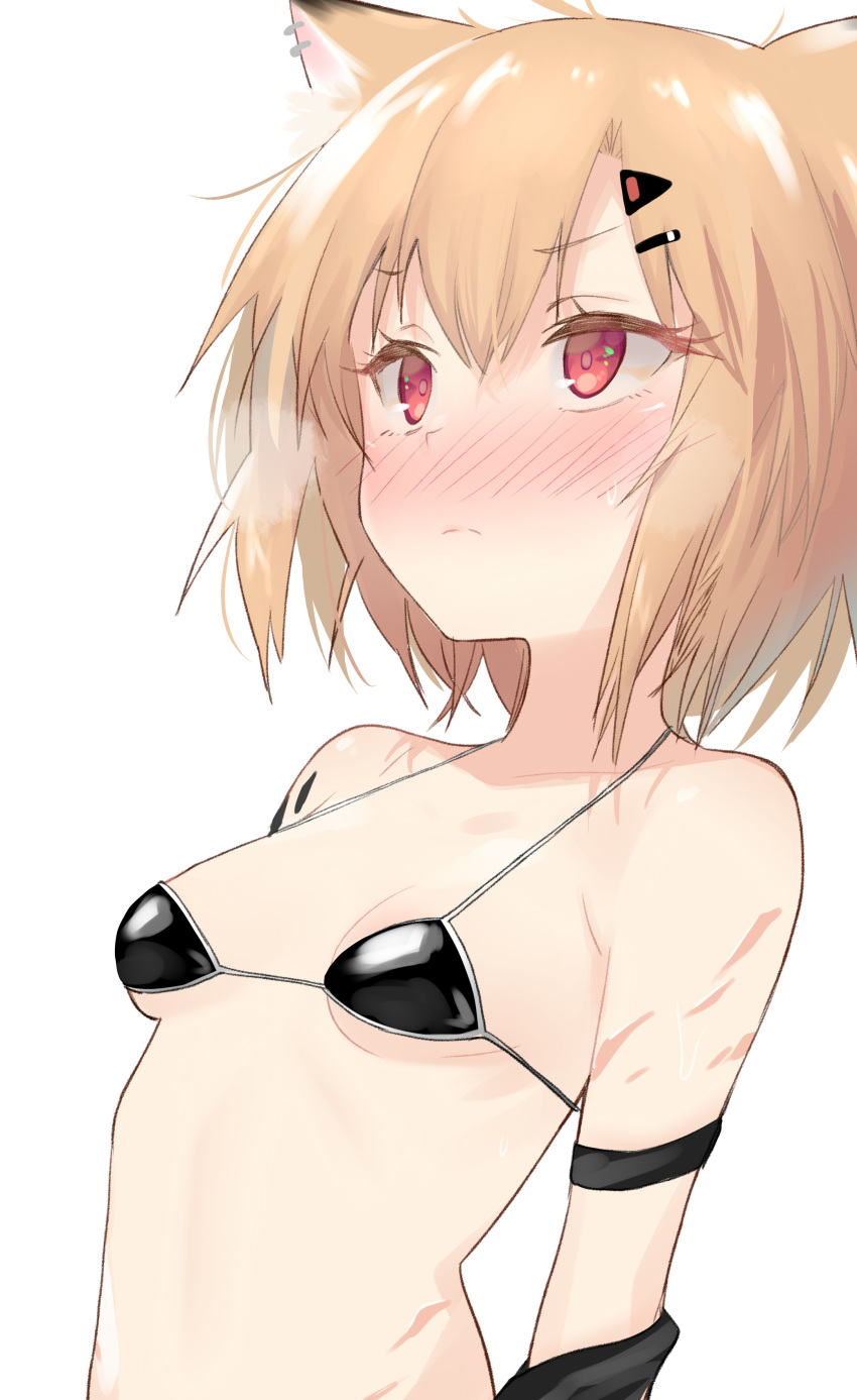 absurdres animal_ear_fluff animal_ears arknights arm_garter bare_shoulders bikini blonde_hair blush breasts closed_mouth collarbone commentary_request ear_piercing eyelashes female fox_ears hair_between_eyes hair_ornament hairclip halterneck heavy_breathing highres kiyu_rei looking_away material_growth micro_bikini nose_blush originium_(arknights) oripathy_lesion_(arknights) piercing red_eyes sanpaku scar shiny_clothes short_hair simple_background small_breasts solo string_bikini sweat swimsuit tsurime underboob upper_body vermeil_(arknights) white_background