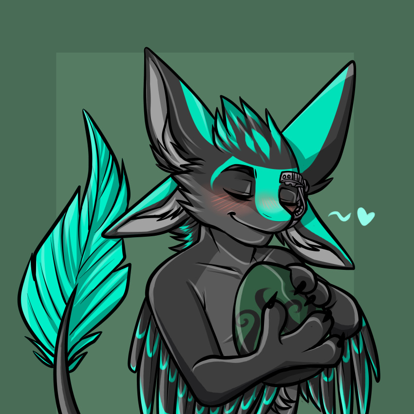 1:1 4_ears absurd_res anthro avali avarien avian black_body black_fur blue_body blue_feathers blush borg digital_media_(artwork) egg feathers female fur green_background heart_symbol hi_res hybrid multi_ear nude sabrinaaparicio simple_background smile tail tail_feathers winged_arms wings