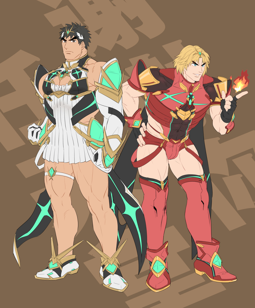 2boys alternate_costume backless_outfit bara bare_shoulders black_hair blonde_hair bulge cleavage_cutout clothing_cutout cosplay covered_abs covered_navel crossdressing dress flat_color full_body g-string headband highres impossible_clothes ken_masters large_pectorals leaning_forward looking_to_the_side male_focus micro_shorts multiple_boys muscular muscular_male mythra_(xenoblade) mythra_(xenoblade)_(cosplay) pectoral_cleavage pectorals pyra_(xenoblade) pyra_(xenoblade)_(cosplay) ryu_(street_fighter) short_hair shorts skindentation street_fighter thick_thighs thigh_strap thighs thong tiara waist_cutout white_dress xenoblade_chronicles_(series) xenoblade_chronicles_2 yuiofire