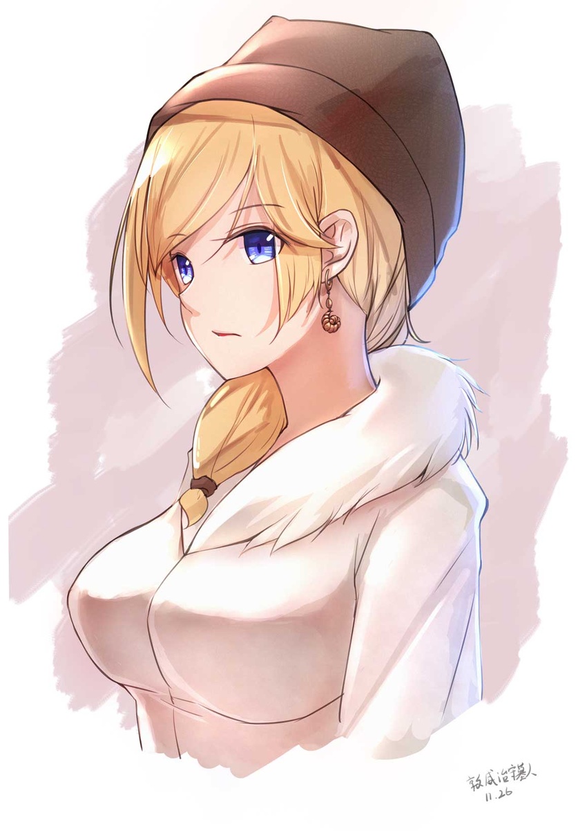 artist_name blonde_hair blue_eyes breasts brown_headwear closed_mouth coat dated earrings female fur-trimmed_coat fur_collar fur_trim highres jewelry long_hair looking_at_viewer medium_breasts rodney_(warship_girls_r) solo upper_body warship_girls_r white_background white_coat xueci