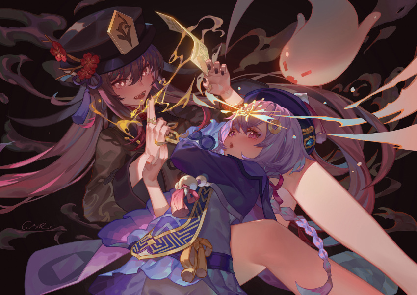 2girls absurdres boo_tao_(genshin_impact) braid braided_ponytail brown_hair chinese_clothes closed_eyes coin_hair_ornament commentary genshin_impact ghost hair_ornament hat highres hu_tao_(genshin_impact) jewelry jiangshi long_sleeves multiple_girls nail_polish oerba_yun_fang open_mouth purple_eyes purple_hair qiqi_(genshin_impact) red_eyes ring rui_(gsr1982) smile symbol-shaped_pupils talisman twintails