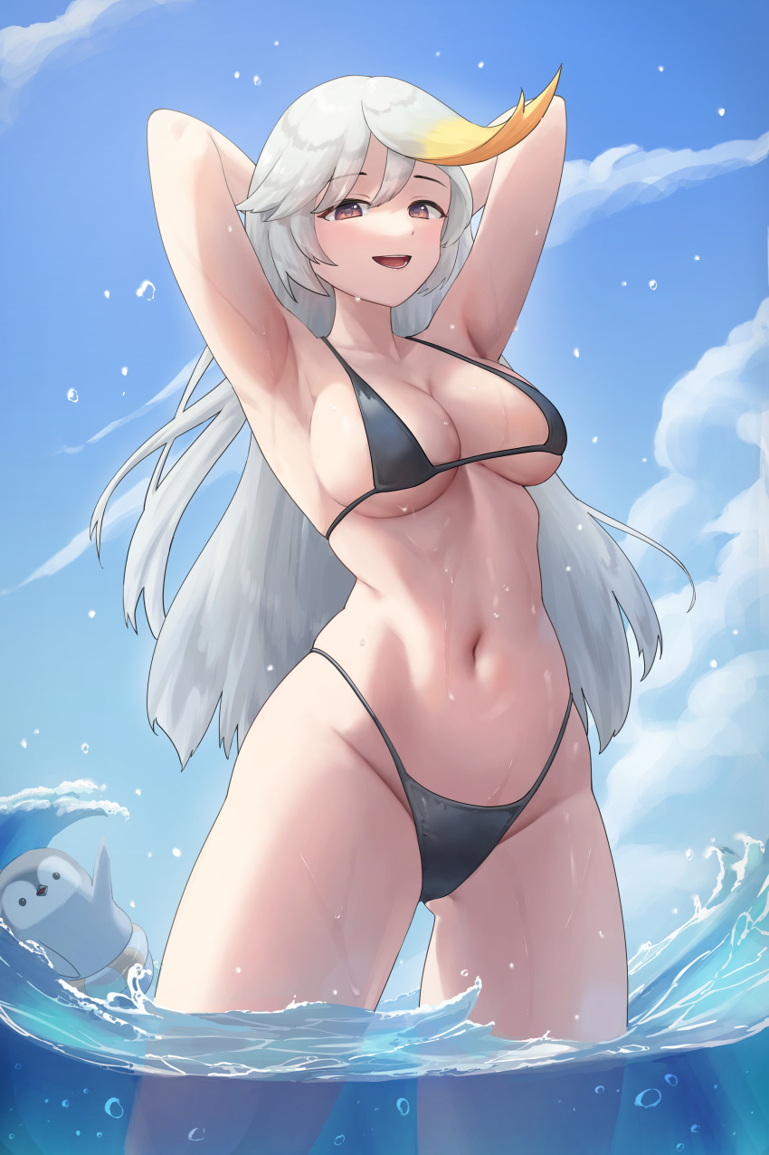 absurdres armpits arms_behind_head arms_up bad_id bad_pixiv_id bare_shoulders bikini bird black_bikini blonde_hair blue_sky breasts cloud empress_(last_origin) english_commentary female gradient_hair grey_hair groin highres large_breasts last_origin long_hair looking_at_viewer micro_bikini multicolored_hair navel ocean official_alternate_costume outdoors parted_lips penguin sky smile solo standing stomach swimsuit wading wet yuzabeecha