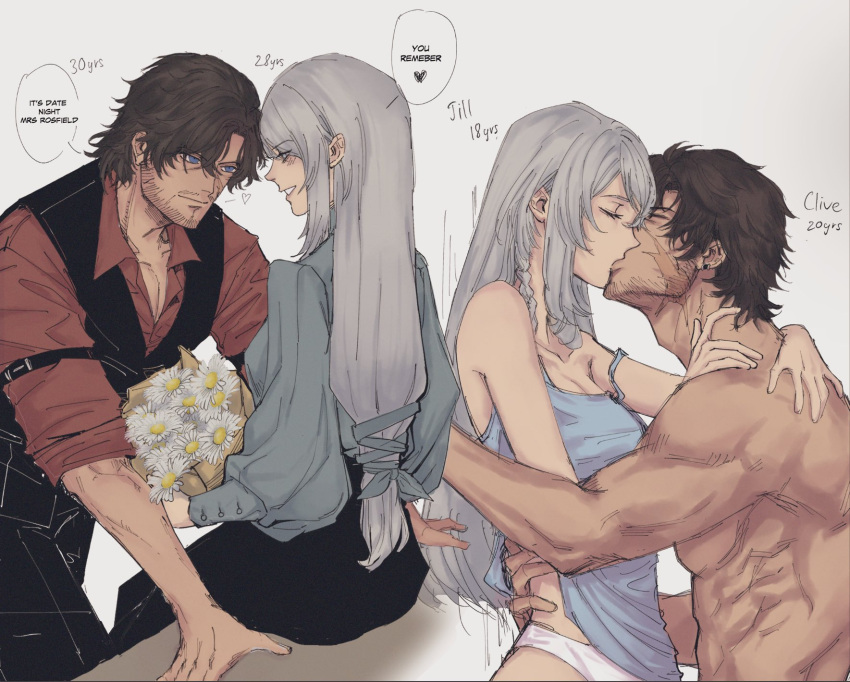 1boy beard_stubble black_hair blue_eyes blue_shirt clive_rosfield facial_hair female final_fantasy final_fantasy_xvi flower french_kiss grey_hair highres jill_warrick kissing long_hair low-tied_long_hair muscular muscular_male red_shirt scar scar_on_face shirt slackertherubycat square_enix stubble teardrop_earrings