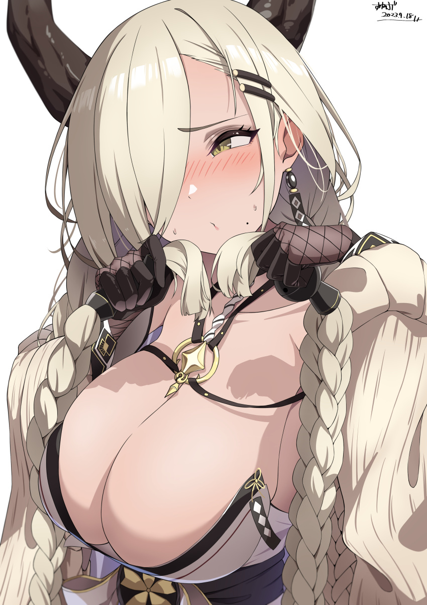 absurdres asymmetrical_bangs azur_lane black_gloves blonde_hair blush braid breasts cleavage commentary dated earrings female fishnets gloves hair_ornament hair_over_one_eye hairclip highres holding holding_own_hair horns jewelry large_breasts lips long_bangs long_hair looking_to_the_side low_twin_braids mole mole_under_mouth open_mouth owari_(azur_lane) simple_background solo sunebu_(snake_boo2) twin_braids upper_body very_long_hair white_background yellow_eyes