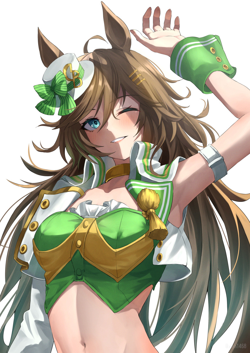 absurdres ahoge animal_ears arm_strap arm_up armpits blush breasts brown_hair chakuma_(yiyh1468) choker collarbone commentary cropped_jacket eyebrows_hidden_by_hair female green_eyes green_shirt hair_between_eyes hair_ornament hairclip hat highres horse_ears horse_girl jacket long_hair long_sleeves looking_at_viewer medium_breasts midriff mini_hat mini_top_hat mr._c.b._(umamusume) navel one_eye_closed open_clothes open_jacket parted_lips shirt sidelocks simple_background single_bare_shoulder single_sleeve sleeve_cuffs smile solo standing strapless strapless_shirt top_hat twitter_username umamusume upper_body white_background yellow_choker