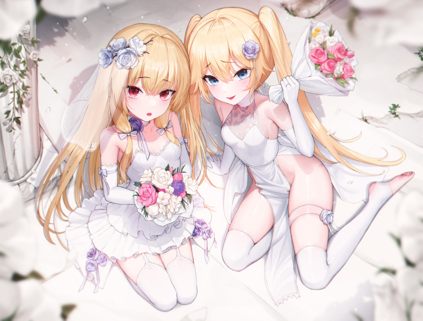 2girls absurdres blonde_hair blue_eyes blurry blush bouquet breasts bridal_veil bride chromatic_aberration depth_of_field dress elbow_gloves flower full_body garter_straps gloves hair_between_eyes hair_flower hair_ornament halter_dress halterneck highres jewelry kneeling korean_commentary last_origin looking_at_viewer looking_up multiple_girls no_shoes oerba_yun_fang open_mouth pelvic_curtain red_eyes ring sirene_(last_origin) small_breasts spats_(footwear) strapless strapless_dress thetis_(last_origin) thighhighs twintails veil wedding wedding_dress wedding_ring white_dress white_gloves white_thighhighs yjs0803123