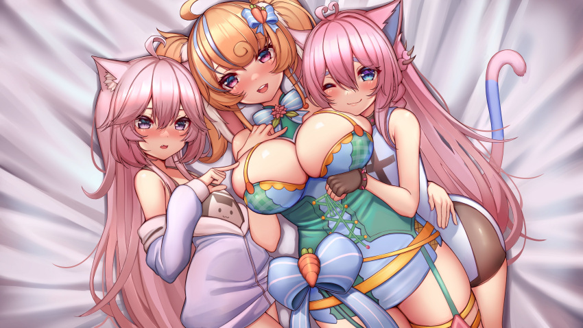 3girls absurdres animal_ears bad_id bad_twitter_id black_gloves blue_eyes blush bonnie_(bunny_gif) bracelet breast_envy breasts cat_ears cat_girl cat_tail cleavage commentary cowboy_shot fingerless_gloves girl_sandwich gloves hair_between_eyes highres indie_virtual_youtuber jewelry kaptivate large_breasts looking_at_viewer multiple_girls nyatasha_nyanners nyatasha_nyanners_(1st_costume) off_shoulder open_mouth orange_hair purple_eyes sandwiched second-party_source smile snuffy_(vtuber) snuffy_(vtuber)_(old_design) spiked_bracelet spikes tail virtual_youtuber vshojo