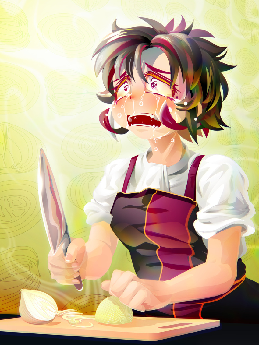 amoretta_(yukiman) apron black_apron black_hair brown_eyes commentary_request crying crying_with_eyes_open curled_fingers cutting_board cutting_onions female hair_between_eyes highres holding holding_knife indie_virtual_youtuber knife multicolored_hair onion open_mouth red_hair shirt short_hair short_sleeves solo tears teeth two-tone_hair upper_body virtual_youtuber white_shirt yellow_background yukiman