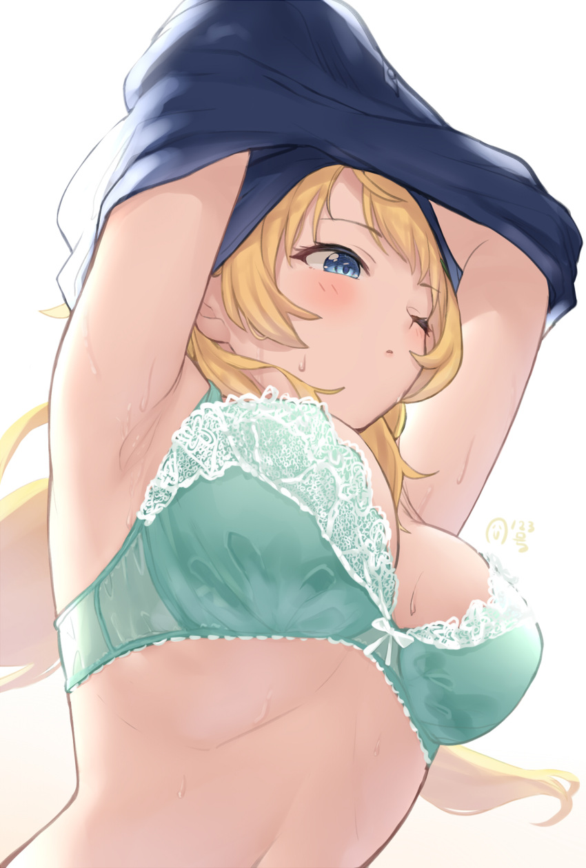 armpits arms_up black_shirt blonde_hair blue_eyes bra breasts clothes_lift female from_below green_bra hachimiya_meguru highres idolmaster idolmaster_shiny_colors kijibato_123-gou large_breasts lifting_own_clothes long_hair one_eye_closed shirt shirt_lift solo sweat underwear undressing white_background