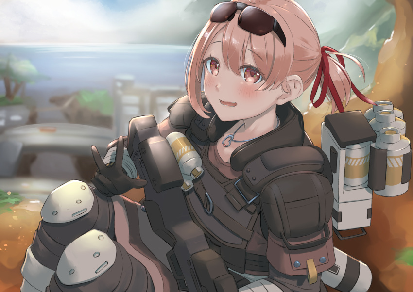 absurdres alternate_costume alternate_hairstyle armor backpack bag blurry blurry_background blush commentary_request eyewear_on_head female gloves hanayori_jyoshiryou highres kano_(hanayori_jyoshiryou) looking_at_viewer open_mouth red_eyes sitting umirororo v virtual_youtuber weapon