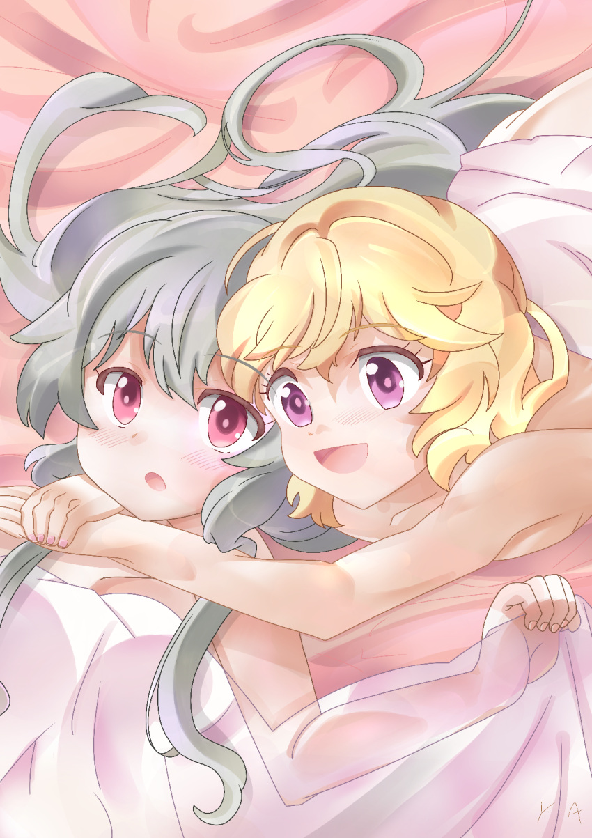 2girls :d ame_mamoru_yakata artistic_error bad_hands bed bed_sheet blonde_hair blush collarbone commentary elly_(tonari_no_kyuuketsuki-san) eye_contact grey_hair highres hug long_hair looking_at_another multiple_girls nail_polish nude open_mouth purple_eyes red_eyes short_hair smile sophie_twilight tonari_no_kyuuketsuki-san under_covers yuri