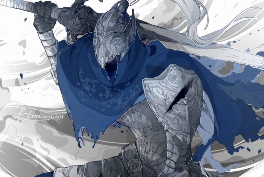 1boy armor artist_name artorias_the_abysswalker black_gloves blue_cape broken_armor cape cowboy_shot dark_souls_(series) dark_souls_i dated facing_viewer full_armor gauntlets gloves grey_background hand_up helmet highres holding holding_sword holding_weapon k-bone knight male_focus shoulder_armor simple_background solo sword torn_cape torn_clothes weapon