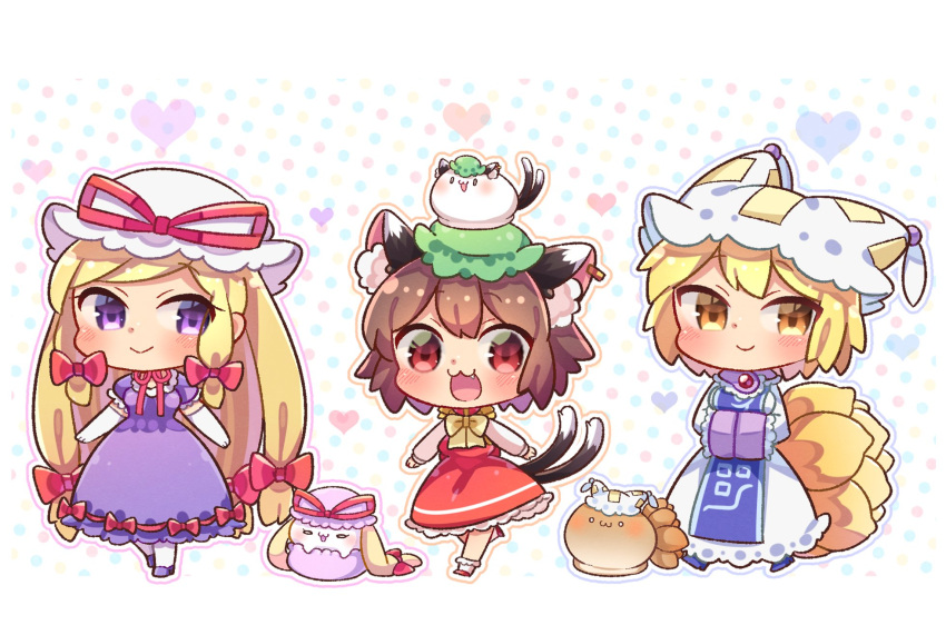 3girls :> :3 :d animal_ear_fluff animal_ear_piercing animal_ears blob blonde_hair blue_footwear blush bow bowtie breasts brooch brown_eyes brown_hair cat_ears cat_tail chen choker commentary_request dotted_background dress dress_bow elbow_gloves fox_tail frilled_dress frills full_body gem gloves green_headwear hair_ribbon hands_in_opposite_sleeves happy hat highres ibaraki_natou jewelry kitsune large_breasts long_hair long_sleeves looking_at_viewer looking_to_the_side mary_janes mob_cap mochen multiple_girls multiple_tails nekomata oerba_yun_fang ofuda on_head open_mouth puffy_short_sleeves puffy_sleeves purple_dress purple_eyes red_bow red_bowtie red_choker red_footwear red_gemstone red_ribbon red_skirt red_vest ribbon ribbon-trimmed_dress ribbon_choker shoes short_hair short_sleeves sidelocks skirt smile socks solid_oval_eyes standing tabard tail tassel touhou tress_ribbon two_tails vest white_background white_footwear white_gloves white_headwear white_sleeves yakumo_ran yakumo_yukari yellow_bow yellow_bowtie yellow_eyes