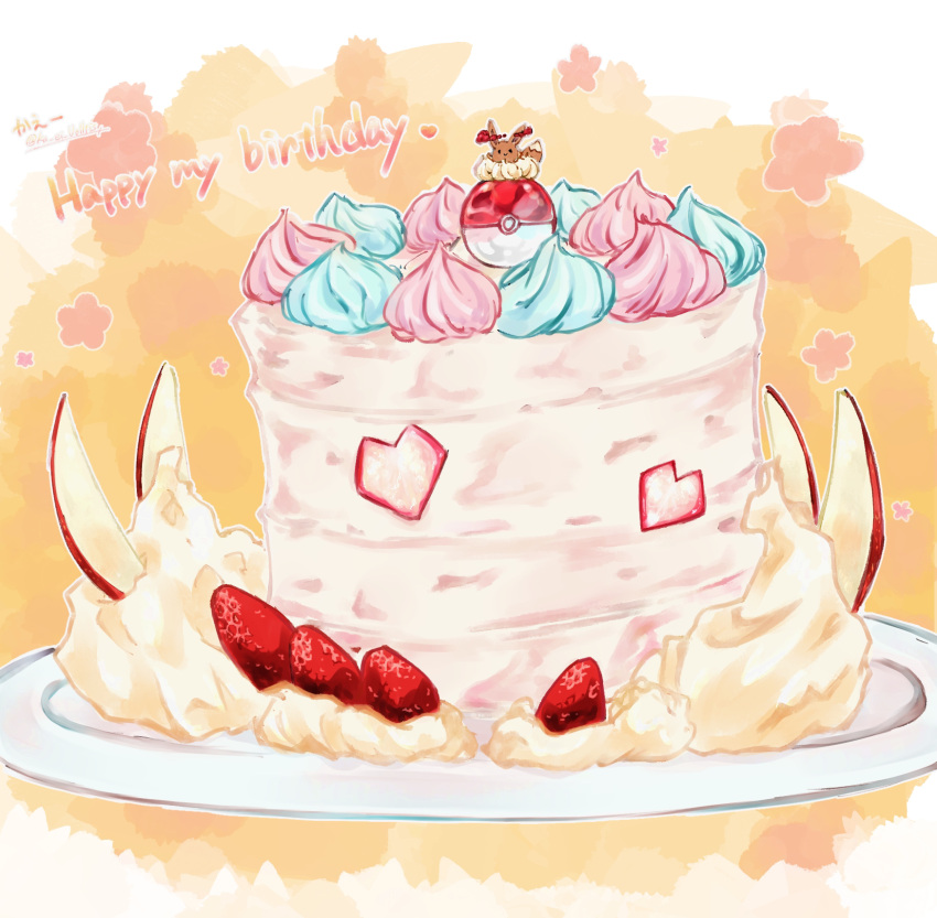 apple apple_slice artist_name cake commentary cream eevee english_text engrish_text food food_focus fruit gigantamax gigantamax_eevee happy_birthday heart highres ka_ei_volltis no_humans orange_background outline plate poke_ball_theme pokemon pokemon_(creature) ranguage signature strawberry twitter_username white_outline