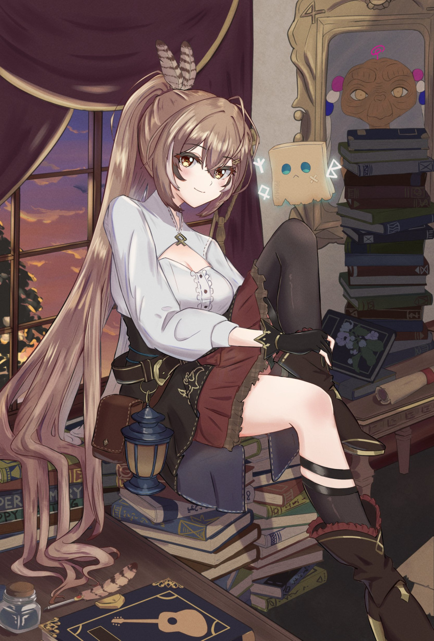 absurdres acoustic_guitar ahoge ankle_boots asymmetrical_legwear belt book book_stack boots breasts brown_corset brown_eyes brown_hair chahanramen cleavage cleavage_cutout clothing_cutout cloud cloudy_sky corset crossed_bangs curtains drawing_(object) e.t. et feather_hair_ornament feathers female friend_(nanashi_mumei) gloves guitar hair_ornament hairclip highres hololive hololive_english hugging_own_legs indoors ink_bottle instrument knee_strap kneehighs lantern long_hair looking_at_viewer medium_breasts multicolored_hair nanashi_mumei nanashi_mumei's_horror_painting nanashi_mumei_(1st_costume) paper partially_fingerless_gloves picture_frame pleated_skirt ponytail pouch quill red_skirt runes scroll shirt single_kneehigh single_sock single_thighhigh sitting skirt sky smile socks streaked_hair table thighhighs tree tsukumo_sana twilight very_long_hair virtual_youtuber white_shirt window