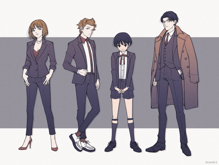 2boys 2girls arm_at_side black_footwear black_hair black_jacket black_legwear black_pants black_vest bob_cut bow bowtie breasts brown_coat brown_hair cleavage clothes_grab coat coat_on_shoulders collared_shirt crossed_legs dress_shirt formal fujimaru_nono full_body glasses hand_in_pocket hands_in_pockets high_heels highres jacket jewelry kneehighs legs_apart legwear_garter lineup long_sleeves multiple_boys multiple_girls naridc3 necklace necktie obishima_yukari own_hands_together pants parted_bangs red_bow red_bowtie red_footwear red_legwear red_necktie red_shirt shirt shoes short_hair sleeves_pushed_up smile socks standing stiletto_heels suit thumb_in_pocket tonooka_kazuto twitter_username vest white_footwear white_shirt world_trigger yuba_takuma