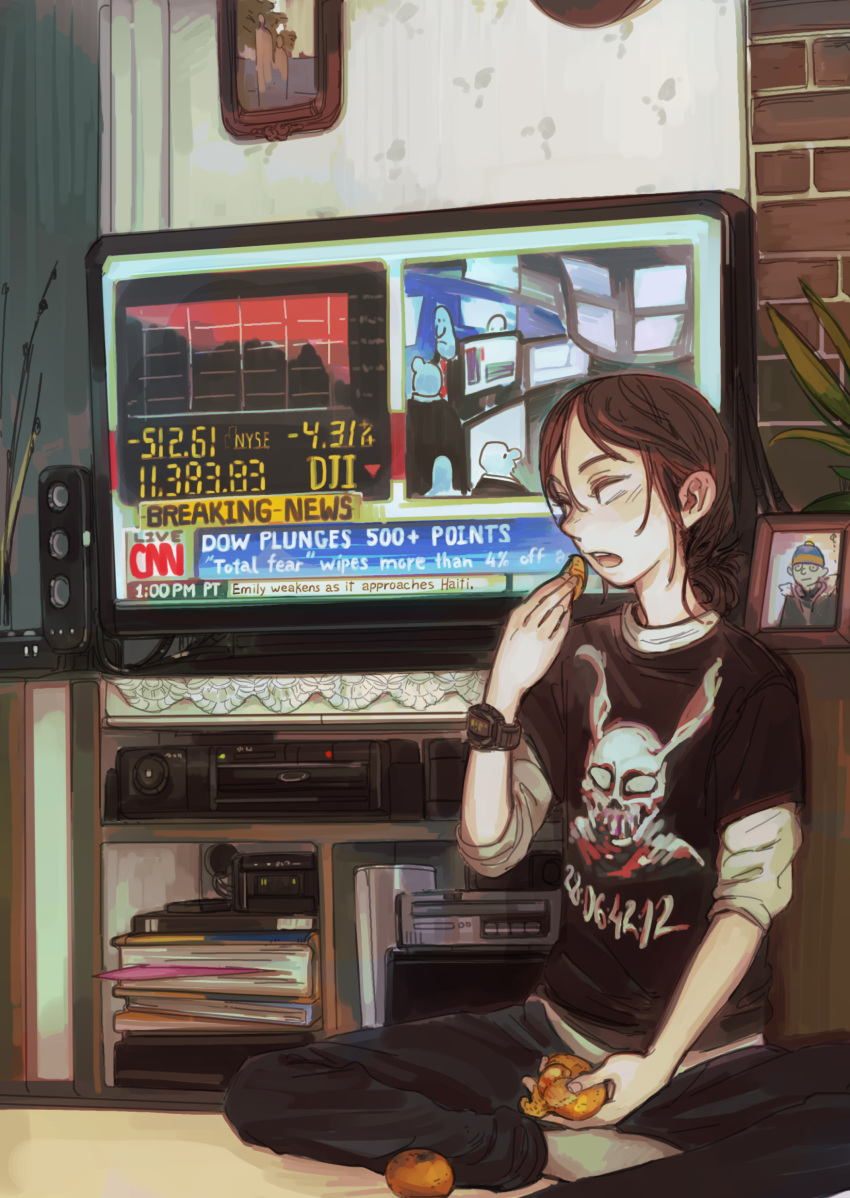 black_pants black_shirt brown_hair cnn commentary donnie_darko eating english_commentary feason female food fruit highres mandarin_orange open_mouth orange_(fruit) original pants print_shirt screen shirt sitting solo television watch wide_shot wristwatch