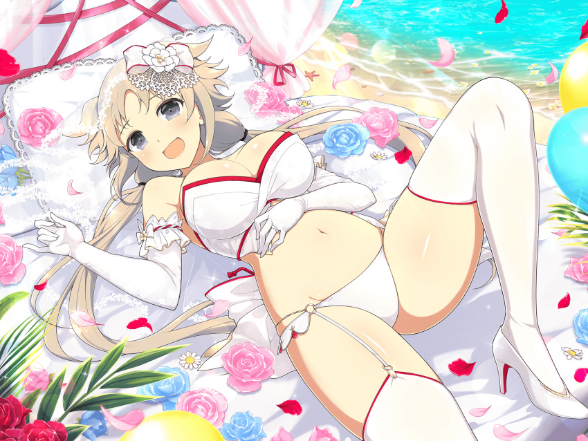 bad_link beach blue_flower blush bow breasts bridal_lingerie bridal_veil bride brown_hair cleavage collarbone daisy elbow_gloves falling_petals female flower gloves grey_eyes hair_ornament high_heels highres ibuki_(senran_kagura) lace large_breasts leaf lingerie long_hair looking_at_viewer low_twintails lying navel ocean official_alternate_costume official_art on_back open_mouth panties petals pillow pink_flower red_flower sand senran_kagura senran_kagura_new_link senran_kagura_new_wave shore smile solo twintails underwear veil yaegashi_nan