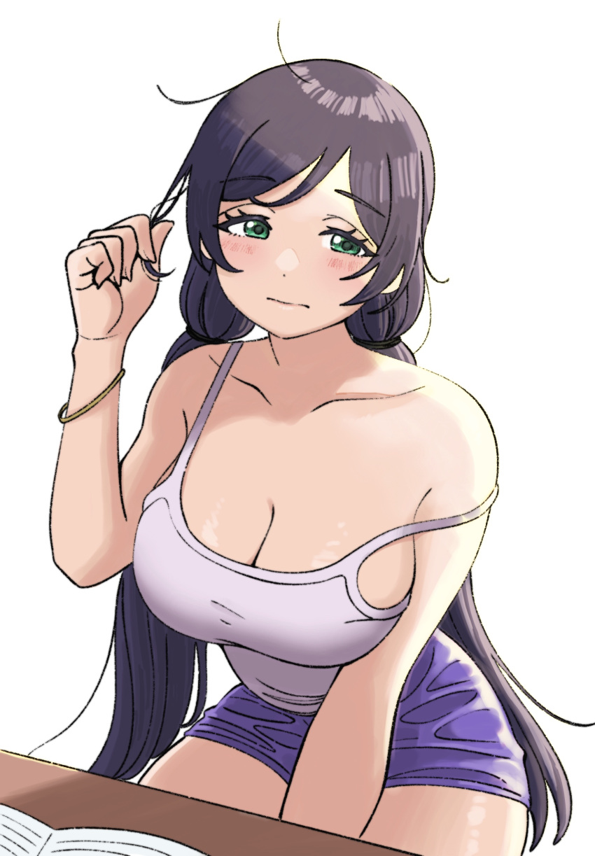 bangle bracelet breasts camisole casual check_commentary cleavage commentary commentary_request dunchy female green_eyes half-closed_eyes highres jewelry large_breasts looking_at_viewer love_live! love_live!_school_idol_project purple_hair reading ruffling_hair sidelighting solo strap_slip tojo_nozomi