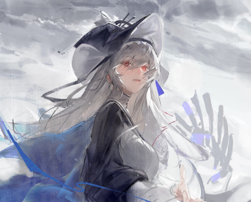 arknights blurry blurry_background brush_stroke cape closed_mouth cloud cloudy_sky eyes_visible_through_hair female fossil from_below from_side hat highres kurikabacha long_hair long_sleeves looking_at_viewer outstretched_hand rain red_eyes sky solo specter_(arknights) specter_the_unchained_(arknights) tilted_headwear upper_body white_hair wind