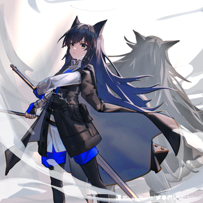 2girls animal_ears arknights black_cape black_hair black_pantyhose black_vest blue_gloves blue_hair blue_shorts cape closed_mouth collared_shirt dual_wielding feet_out_of_frame fingerless_gloves gloves gradient_hair grey_hair highres holding holding_sword holding_weapon lappland_(arknights) long_hair long_sleeves looking_at_viewer multicolored_hair multiple_girls pantyhose rockyroo shirt shorts standing sword texas_(arknights) texas_the_omertosa_(arknights) v-shaped_eyebrows very_long_hair vest weapon white_shirt wolf_ears yellow_eyes