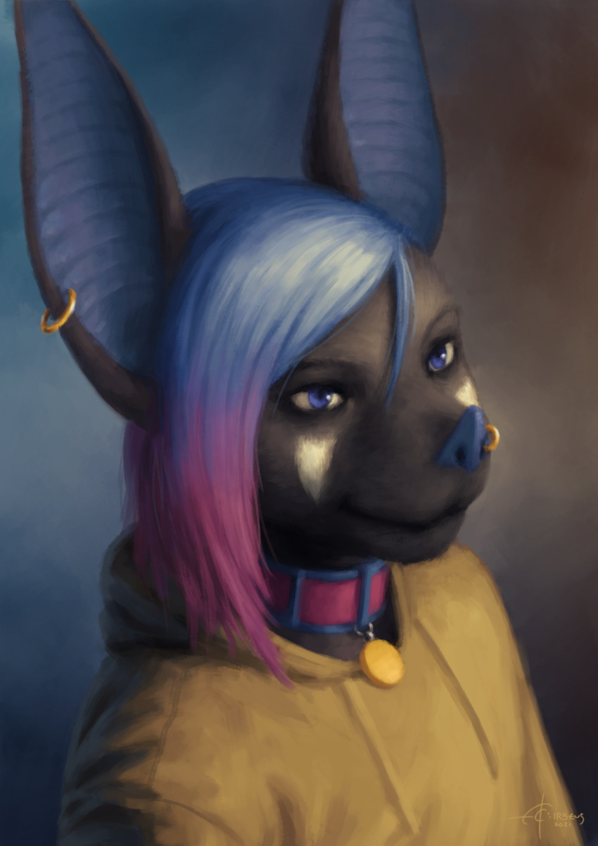 2021 absurd_res anthro bat batsy(elvor_xaetri) clothing collar digital_media_(artwork) ear_piercing ear_ring facial_piercing hi_res hoodie irbeus male mammal nose_piercing piercing purple_eyes ring_piercing smile solo topwear yellow_clothing yellow_hoodie yellow_topwear