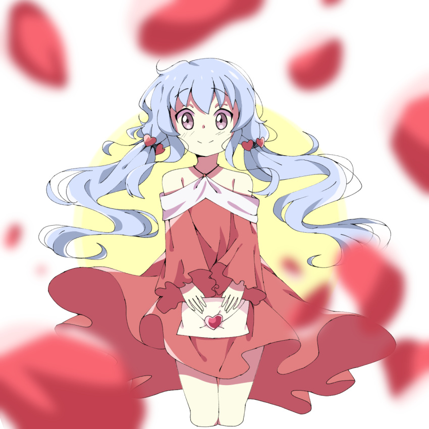 artist_name bad_id bad_twitter_id beyblade beyblade:_burst blue_hair breasts character_name closed_mouth dress female happy heart highres kymhotii legs long_dress long_hair nishiro_nya original petals purple_eyes red_dress rose_petals self-upload short_twintails simple_background small_breasts smile twintails wavy_hair