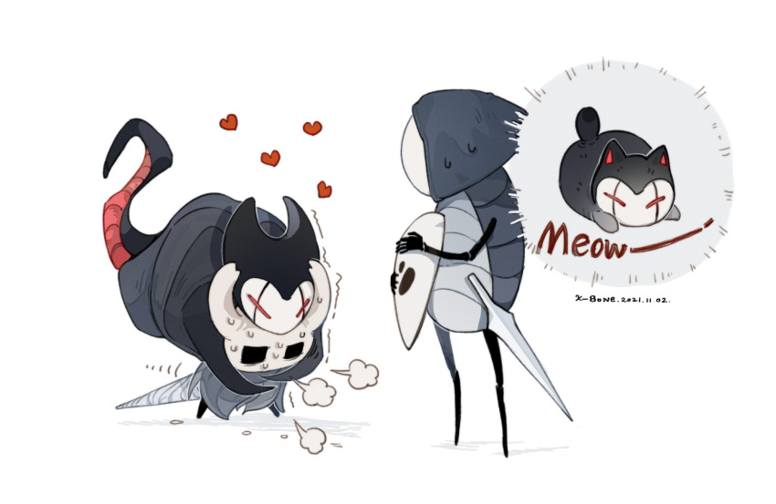 1boy 2others artist_name black_cloak cloak dated feline from_side grimmchild heart highres holding holding_mask holding_sword holding_weapon hollow_eyes hollow_knight hug hug_from_behind k-bone knight_(hollow_knight) mask multiple_others nail_(hollow_knight) pure_nail_(hollow_knight) quirrel simple_background standing sweat sword trembling weapon white_background