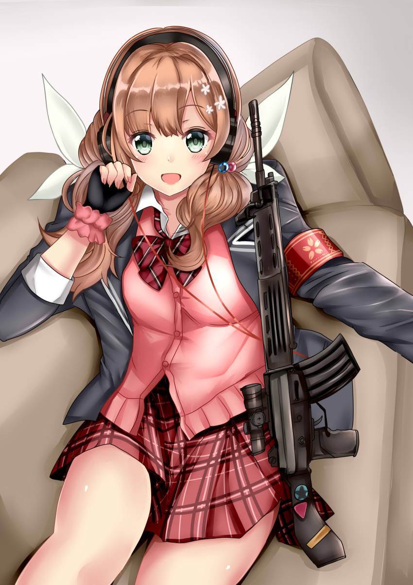 absurdres aqua_eyes assault_rifle black_gloves bow brown_hair cardigan collared_shirt earphones female fingerless_gloves girls'_frontline gloves gun hair_ribbon highres himura_moritaka howa_type_89 howa_type_89_(girls'_frontline) jacket long_hair long_sleeves open_mouth pink_cardigan pink_skirt plaid plaid_bow plaid_skirt ribbon rifle school_uniform shirt sitting skirt solo weapon white_shirt