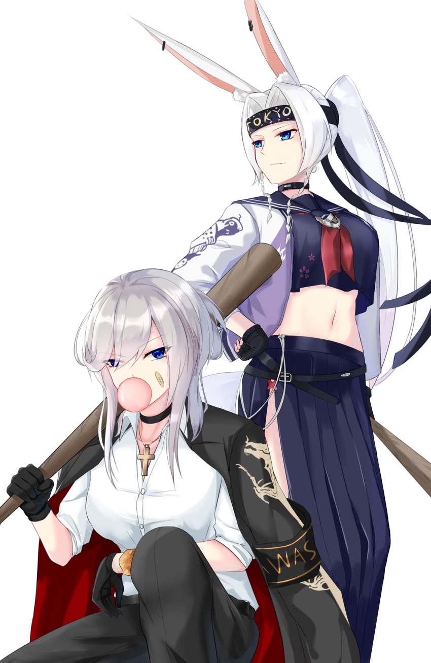 2girls animal_ears azur_lane baseball_bat black_choker black_gloves black_pants black_ribbon blue_eyes blue_skirt bubble chinese_commentary choker cloak commentary cross cross_necklace eternity_(shadeh) fingerless_gloves gloves grey_hair hair_ribbon hand_on_own_hip highres hiryuu_(after_school_bullies)_(azur_lane) hiryuu_(azur_lane) holding holding_baseball_bat jewelry long_hair long_skirt looking_at_viewer looking_away medium_hair multiple_girls navel necklace official_alternate_costume pants ponytail rabbit_ears ribbon school_uniform shirt sitting skirt standing washington_(azur_lane) white_background white_hair white_shirt