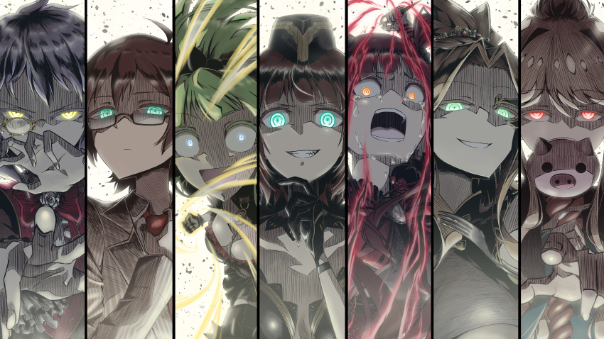 6+girls absurdres ahoge amami_haruka black_gloves blue_eyes column_lineup commentary_request crown crying doll fighting_stance fork glasses gloves glowing glowing_eyes green_eyes hat highres holding holding_doll holding_knife idolmaster idolmaster_million_live! kinoshita_hinata knife makabe_mizuki matsuda_arisa military_hat multiple_girls necktie nikaidou_chizuru orange_eyes parka_(summersketch) purple_eyes red_eyes red_necktie shimabara_elena teardrop tenkubashi_tomoka yellow_eyes