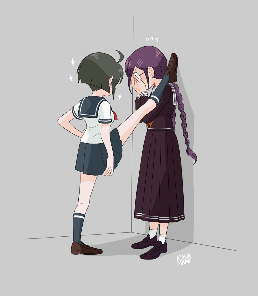 2girls absurdres against_wall braid covering_face danganronpa_(series) danganronpa_another_episode:_ultra_despair_girls embarrassed fukawa_touko glasses highres kiana_mai leg_up long_skirt medium_skirt multiple_girls naegi_komaru pleated_skirt purple_hair school_uniform short_hair skirt sparkle split standing standing_on_one_leg standing_split wall_slam yuri