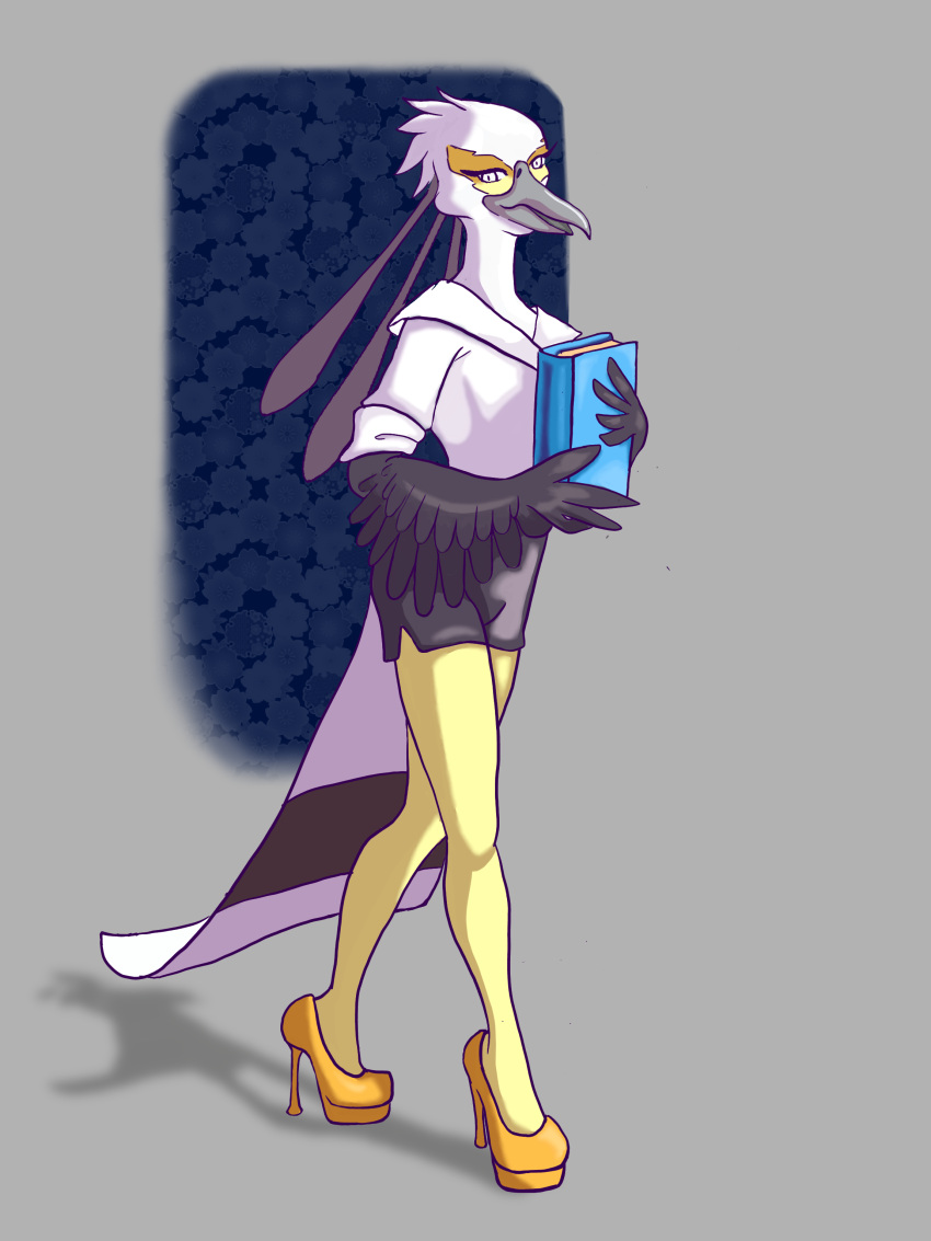 3:4 absurd_res accipitriform aggretsuko anthro avian bird book clothed clothing digital_media_(artwork) feathers female fingers flower footwear goblinmodeon hi_res high_heels looking_at_viewer open_mouth plant sanrio secretary_bird secretary_washimi simple_background smile solo suit wings