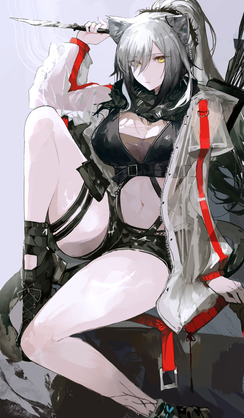 absurdres animal_ears arknights black_scarf black_shorts breasts cat_ears cleavage commentary_request commission crop_top female grey_hair highres holding holding_knife holding_weapon jacket knee_up knife large_breasts long_hair long_sleeves looking_at_viewer material_growth midriff navel open_clothes open_jacket oripathy_lesion_(arknights) reverse_grip scarf schwarz_(arknights) second-party_source short_shorts shorts sitting solo stomach thigh_strap thighs weapon white_jacket yellow_eyes yuki_flourish