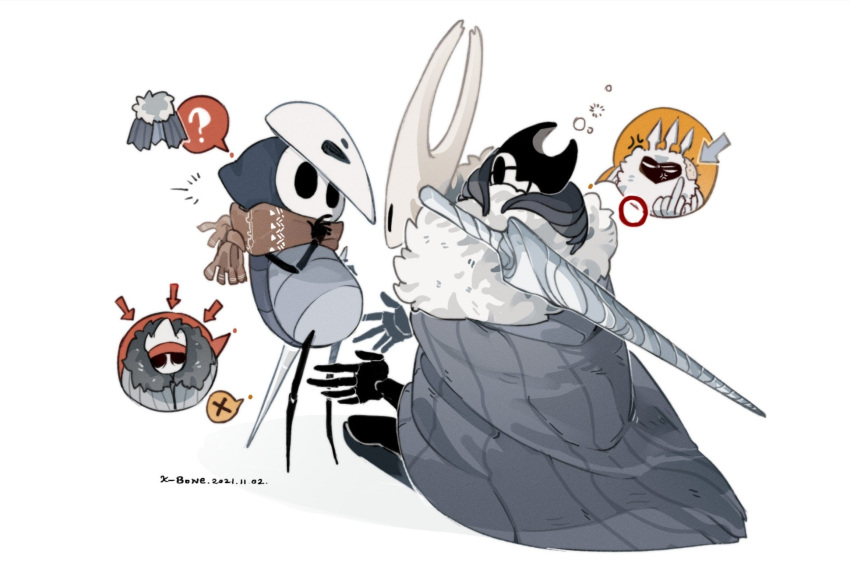 1boy 2others ? aged_up arrow_(symbol) artist_name brown_scarf cape dated fur_collar grey_background grimmchild highres holding hollow_knight k-bone knight_(hollow_knight) mask middle_finger multiple_others nail_(hollow_knight) needle pure_nail_(hollow_knight) quirrel radiance_(hollow_knight) scarf sheo_(hollow_knight) simple_background speech_bubble spoken_character spoken_question_mark spoken_x weapon