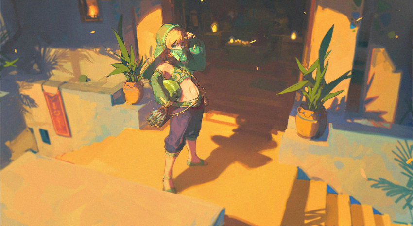 1boy ciloranko crop_top detached_sleeves flower_pot full_body green_headwear green_sleeves groin highres indoors link long_sleeves male_focus midriff mouth_veil navel outdoors pants purple_pants solo stairs standing stomach the_legend_of_zelda the_legend_of_zelda:_breath_of_the_wild veil