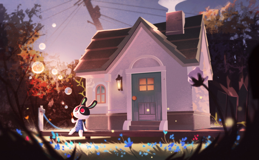 animal_crossing animal_ears bubble dotty_(animal_crossing) female flower furry furry_female grass highres house kettyj open_mouth outdoors rabbit_ears rabbit_girl red_eyes sitting sky solo tree