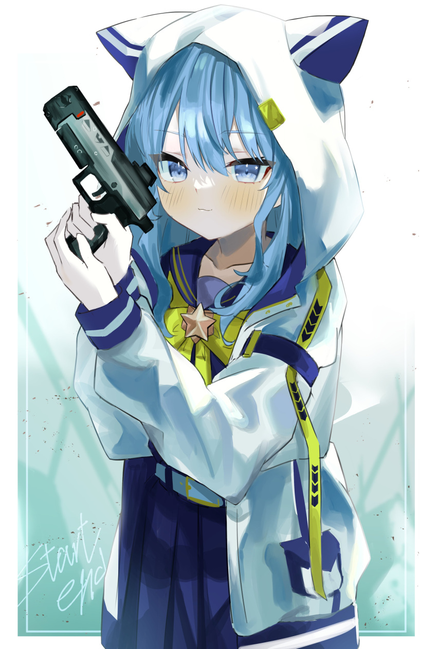 absurdres animal_hood apex_legends bad_id bad_twitter_id belt black_sailor_collar blue_eyes blue_hair blush box brooch cat_hood collarbone commentary_request female gun heart-shaped_box highres holding holding_gun holding_weapon hololive hood hood_up hooded_jacket hoshimachi_suisei hoshimachi_suisei_(school_uniform) jacket jewelry long_hair long_sleeves looking_at_viewer nappi0110 neckerchief official_alternate_hair_length official_alternate_hairstyle open_clothes open_jacket re-45_auto sailor_collar sailor_shirt shirt skirt solo star_(symbol) star_brooch virtual_youtuber weapon white_belt white_jacket yellow_neckerchief