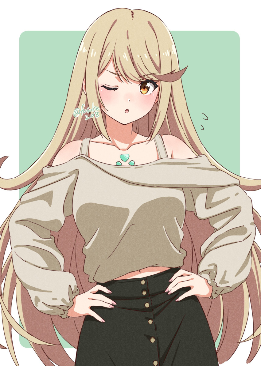 absurdres bare_shoulders black_skirt blonde_hair blush breasts brown_shirt collarbone female flying_sweatdrops fuusuke_(fusuke208) hands_on_own_hips highres long_sleeves looking_at_viewer medium_breasts mythra_(xenoblade) navel one_eye_closed open_mouth puffy_long_sleeves puffy_sleeves shirt skirt solo twitter_username upper_body xenoblade_chronicles_(series) xenoblade_chronicles_2 yellow_eyes