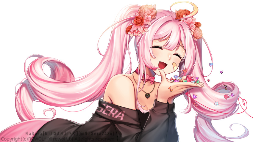 :d ^_^ ai_kotoba_iii_(vocaloid) artist_name bandaid bandaid_on_cheek bandaid_on_face black_sweater bow bow_choker character_name choker closed_eyes collarbone cowlick female heart heart_necklace highres jewelry korean_commentary long_hair na_sera necklace nijisanji nijisanji_kr off-shoulder_sweater off_shoulder open_hand open_mouth pink_bow pink_choker pink_hair rewolf smile solo star_(symbol) sweater twintails very_long_hair virtual_youtuber watermark white_background