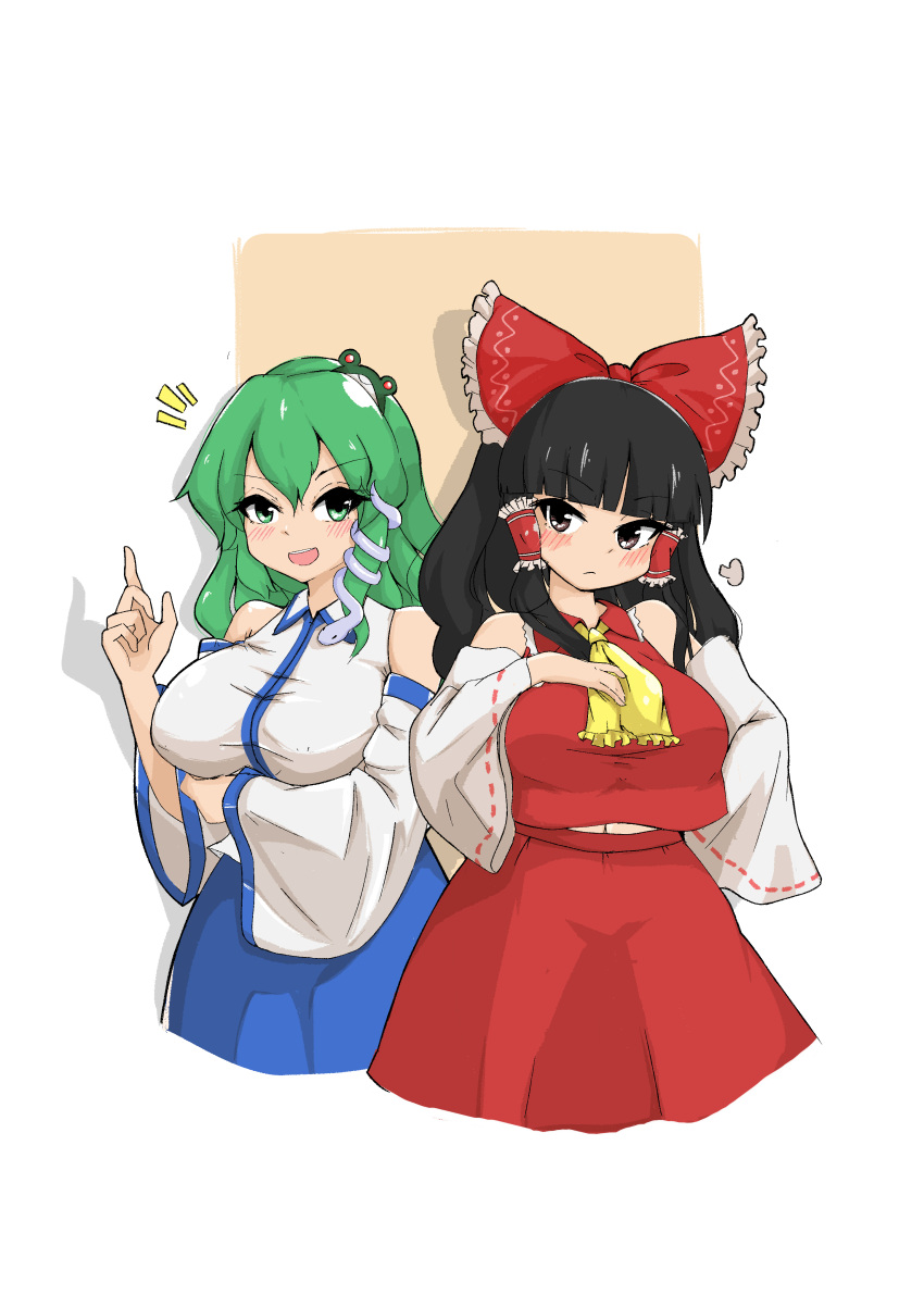 2girls absurdres ascot bare_shoulders black_hair blue_skirt blush bow breasts brown_eyes closed_mouth collared_shirt detached_sleeves frog_hair_ornament green_eyes green_hair hair_between_eyes hair_ornament hair_tubes hakurei_reimu hand_on_own_chest hand_up highres kochiya_sanae large_breasts long_sleeves looking_at_another looking_at_viewer lykesya medium_hair multiple_girls navel open_mouth orange_background pointing red_bow red_shirt red_skirt shirt simple_background skirt snake_hair_ornament touhou white_background white_shirt wide_sleeves yellow_ascot